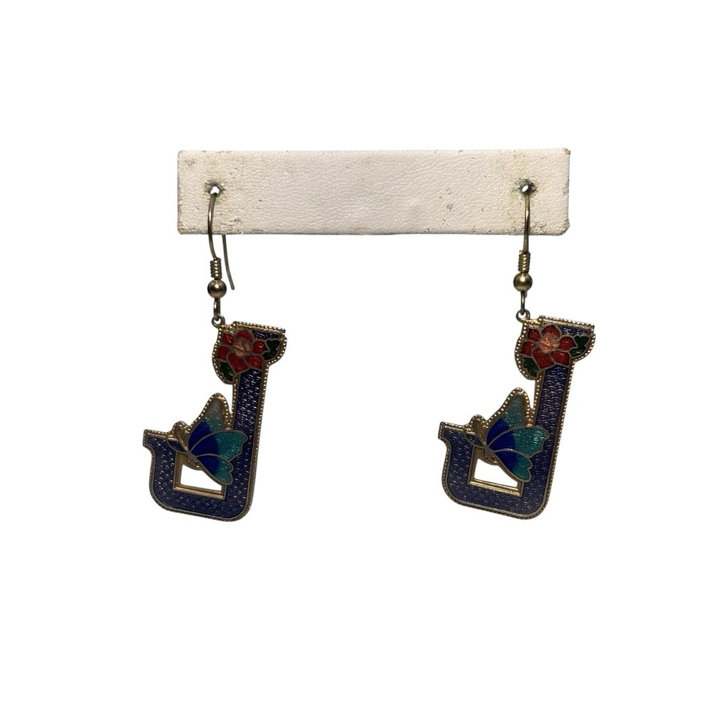 Vintage Gold Tone Cloisonne Enamel Letter 'J' Nature Pierced Dangle Earrings